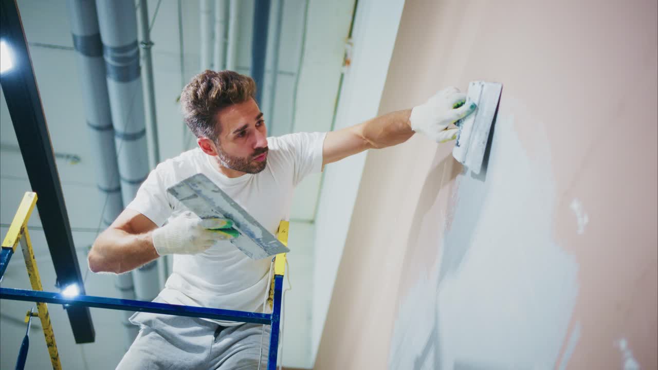 A Skilled Worker Performing Wall Plastering with Precision on a Ladder, Showcasing Careful Techniques and Attention to Detail During a Renovation Project