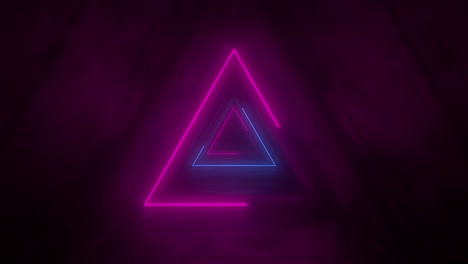 flying through glowing rotating neon triangles creating a tunnel, blue red pink violet spectrum, fluorescent ultraviolet light, modern colorful lighting. seamless loop vj, 4k animation