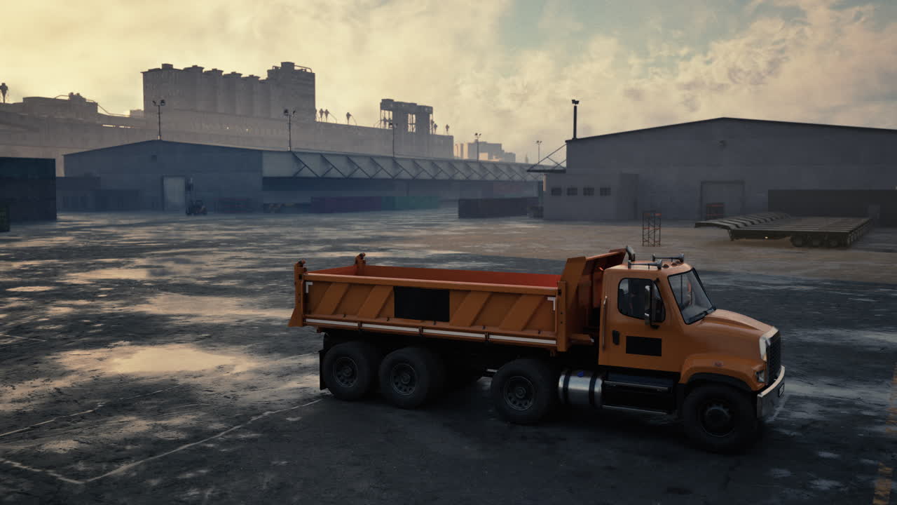 желтый грузовик, припаркованный перед большим промышленным комплексом.