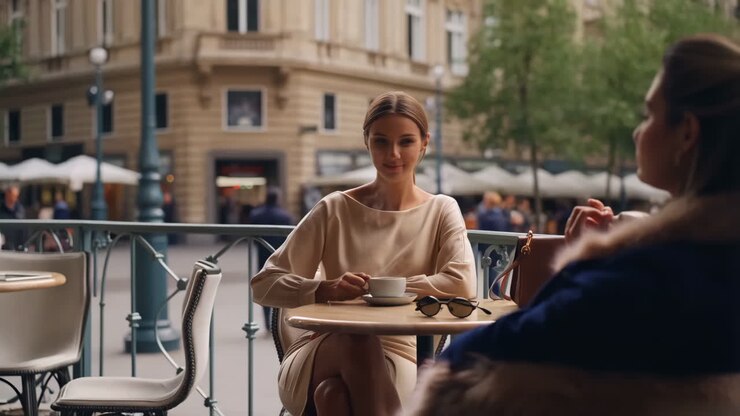 Woman drinking coffee at outdoor cafe