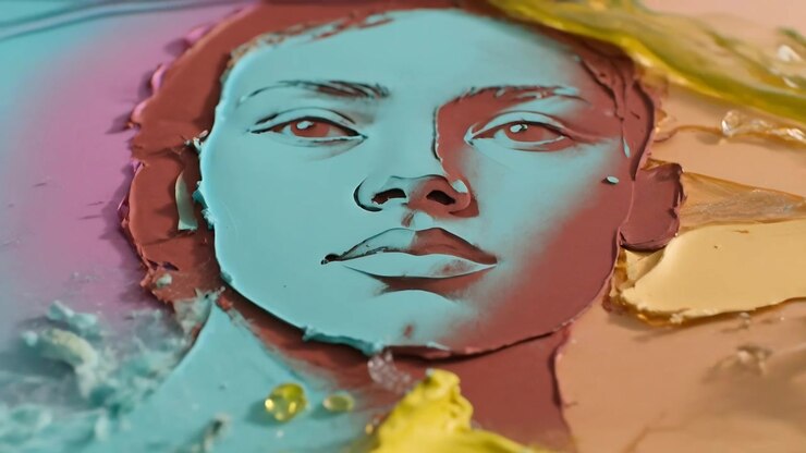 Sich schälende, versteckte Hand zieht türkisfarbene Schicht auf Studiobank zurück und enthüllt bemaltes Gesicht mit Gel.