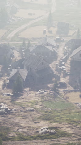 aerial view of a foggy medieval village