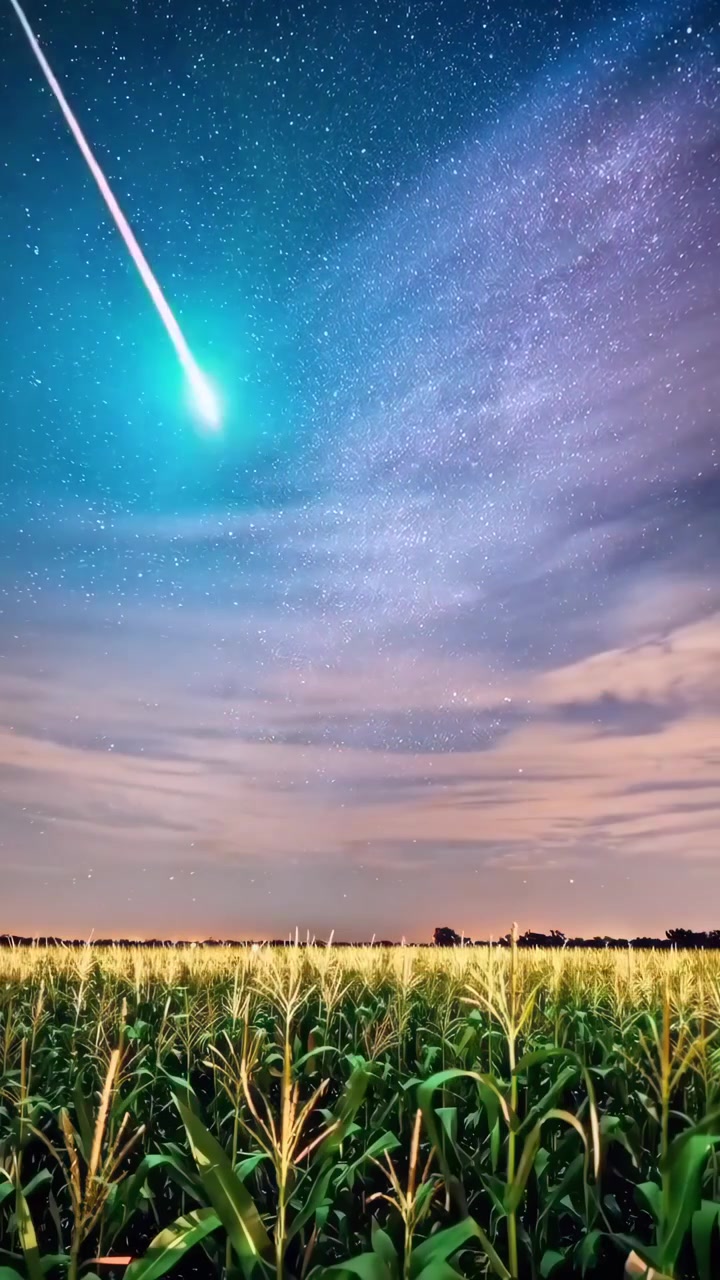 Time-lapse della Via Lattea sopra un campo di mais di notte.