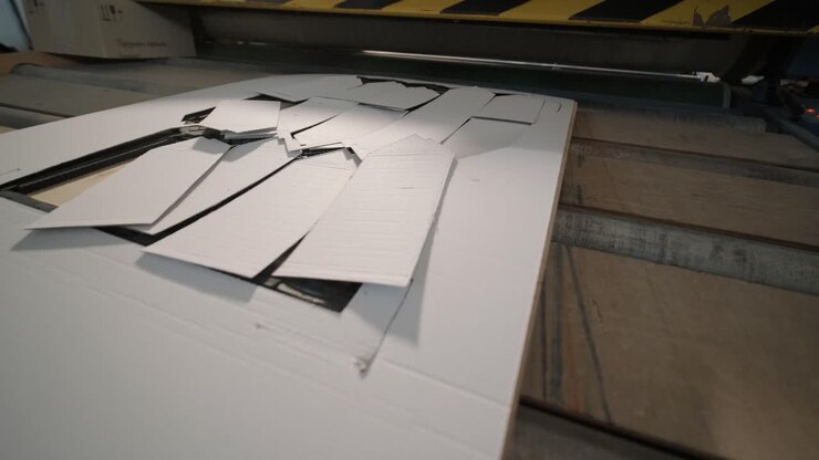 Folhas de papelão em uma máquina de fábrica