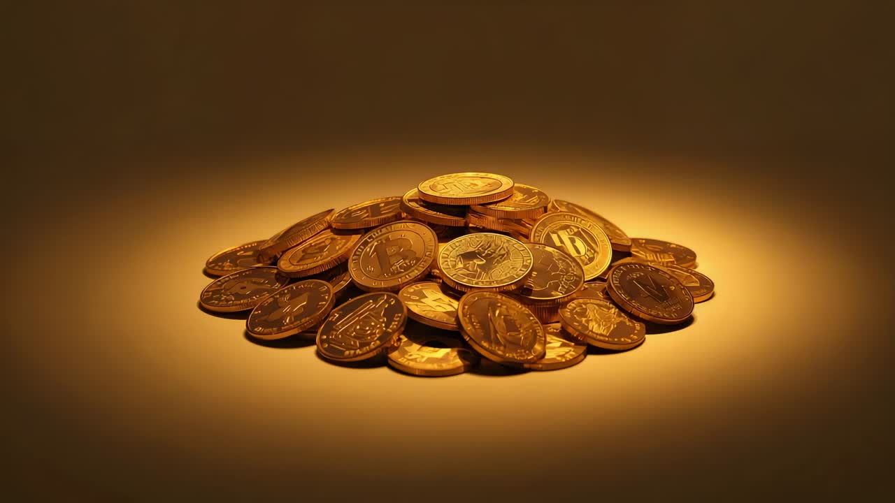 Moving camera drawing closer to pile of gold tokens on studio tabletop, spotlight revealing details