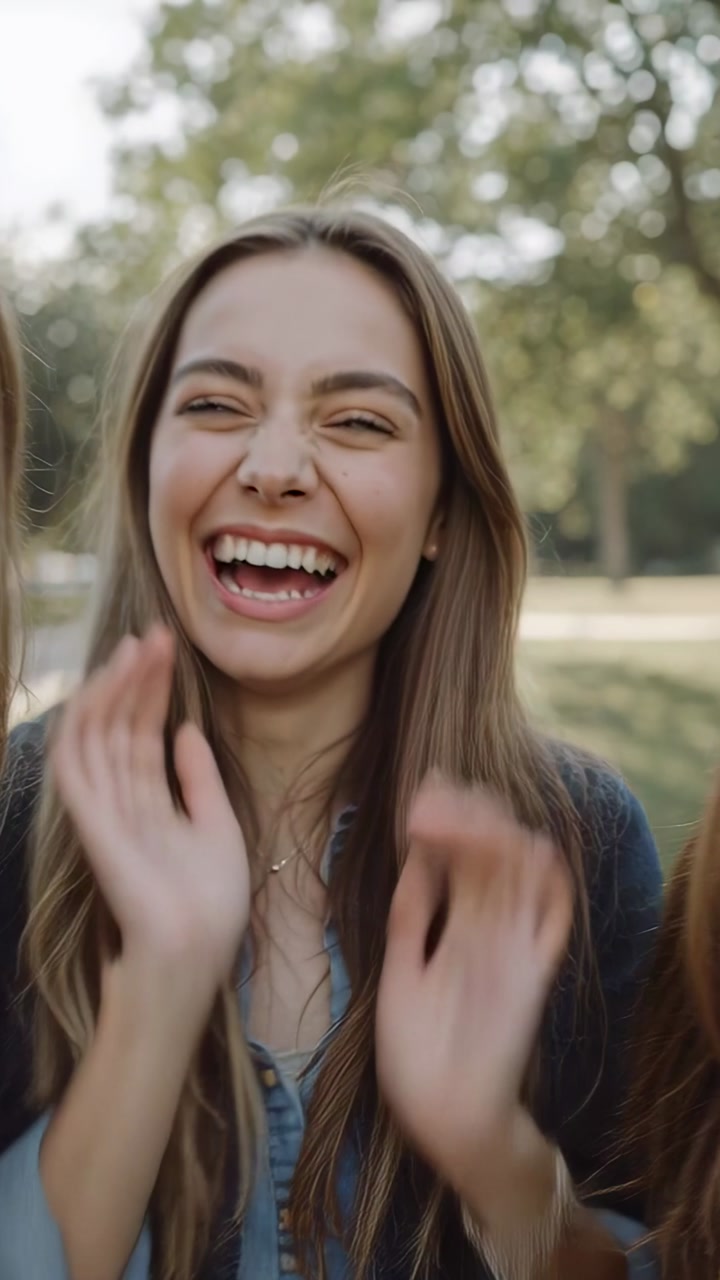 Laughing center woman bringing hands toward face at park, showing denim shirt, necklaces, bracelet