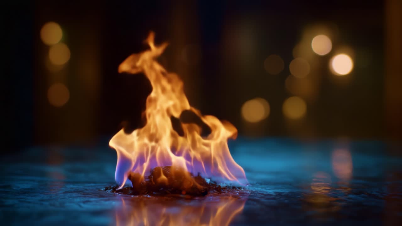 Fiamme affascinanti che danzano su uno sfondo scintillante, mettendo in mostra la bellezza e l'energia del fuoco, illuminate da luci bokeh soffuse con dettagli straordinari