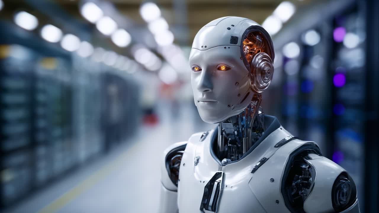 Futuristic humanoid robot stands in a high-tech environment, highlighting advanced artificial intelligence with glowing features and a sleek metallic design
