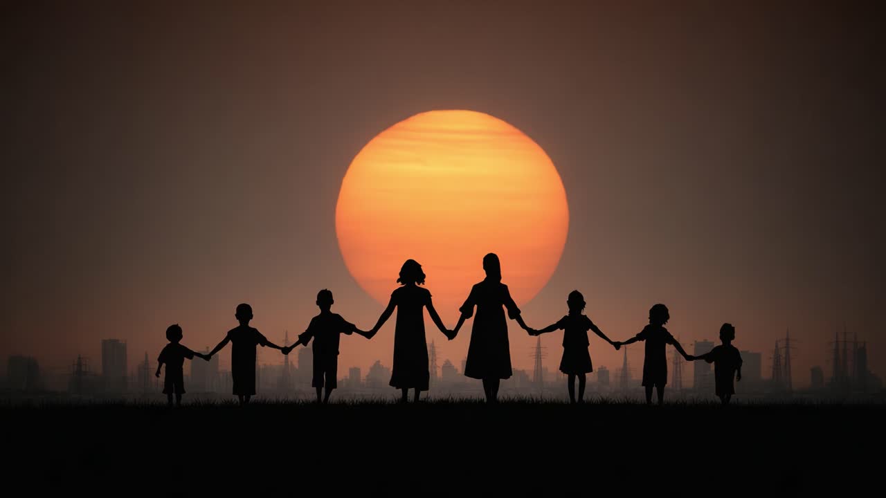A Heartwarming Sunset Silhouette of Children and a Guardian Holding Hands Against the Backdrop of a Golden Sun Setting on the Horizon