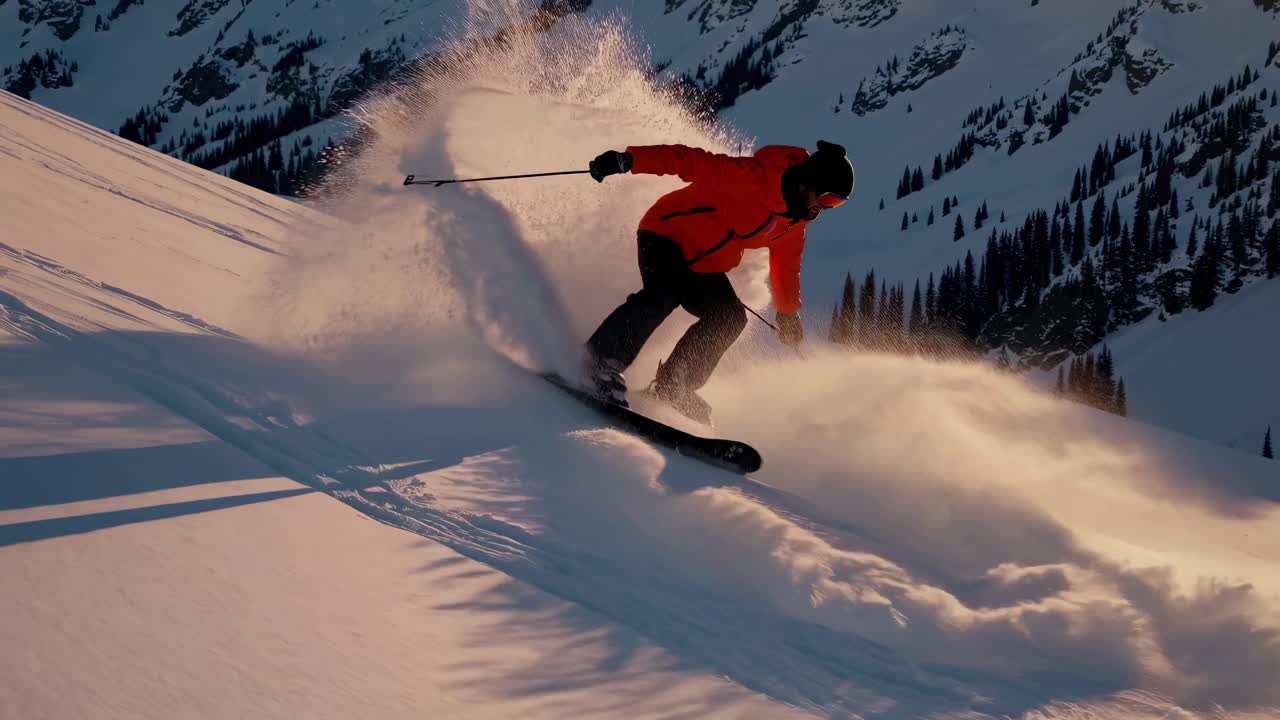 Dynamic video capture of a skier carving through fresh powder on a sunlit slope, with a low-angle