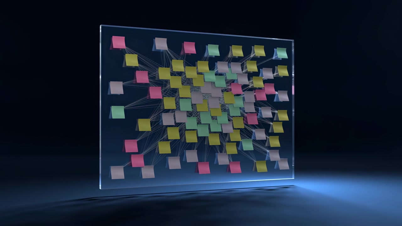 Pannello di vetro trasparente verticale popolato da un denso gruppo centrale di post-it pastello in rosa, giallo, verde e blu, che mostrano bordi arricciati e leggere rotazioni, con sottili filamenti bianchi.