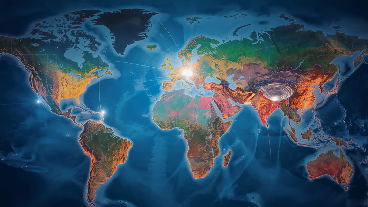 Mappa del mondo pulsante su sfondo blu che reagisce a un bagliore in Europa, inviando archi ai nodi, con un vortice in India