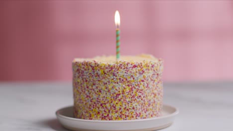 studio shot birthday cake covered with decorations and single candle being blown out 6