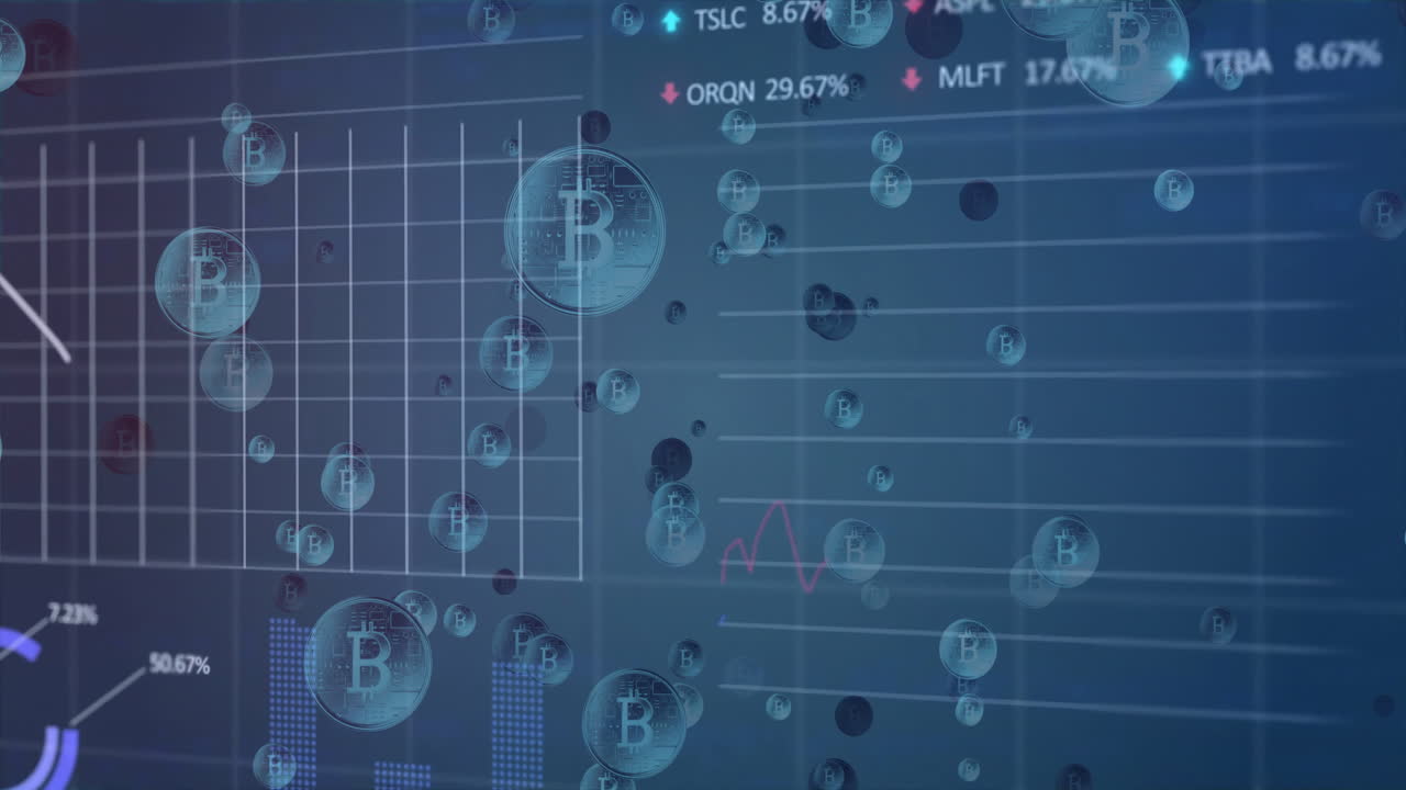 animación de iconos de bitcoin y procesamiento de datos financieros