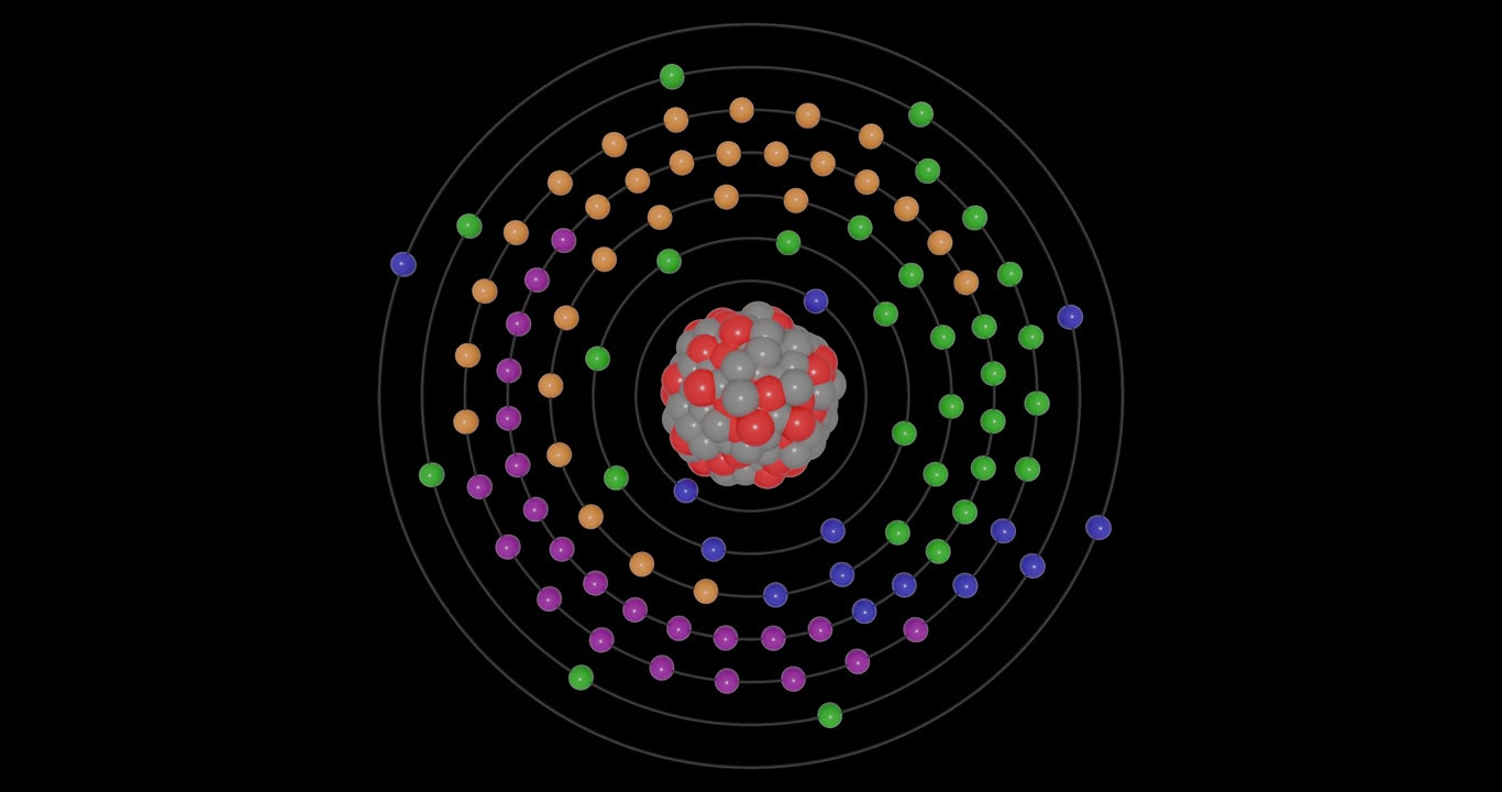 3D animation of a Gadolinium atom on a transparent background showing shells, subshells, electron orbits, and nucleus with protons and neutrons, illustrating atomic structure and energy levels.