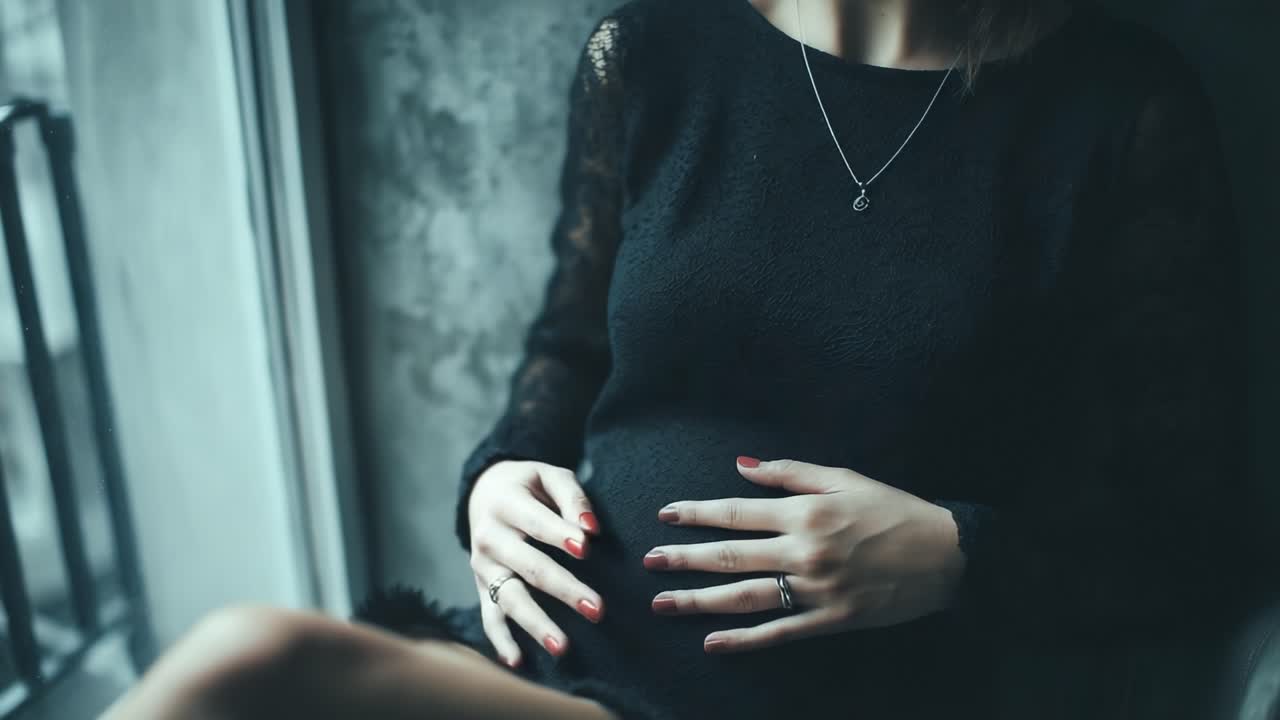 A serene moment captured of a woman gently cradling her pregnancy, radiating beauty and anticipation while seated beside a window, creating an intimate atmosphere and connection