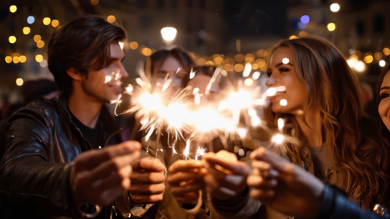 Celebración Alegre: Amigos Se Reúnen con Bengalas por la Noche Contra un Fondo de Luces Brillantes, Creando una Atmósfera Festiva Mágica Llena de Risas
