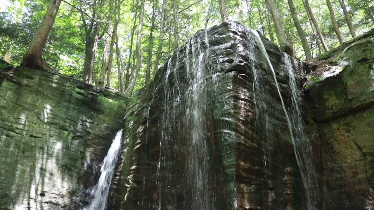 Hector Falls waterfall wide shot flowing in Sheffield Pennsylvania in the Allegheny National Forest.