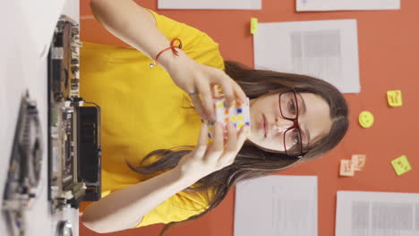 Vertical-video-of-Girl-child-playing-with-a-intelligence-cube.