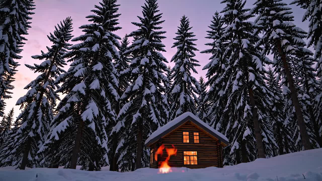 A cozy cabin nestled in snowy woods at dusk, viewed from a low angle