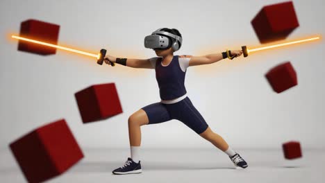 person in vr headset playing virtual reality game with glowing swords