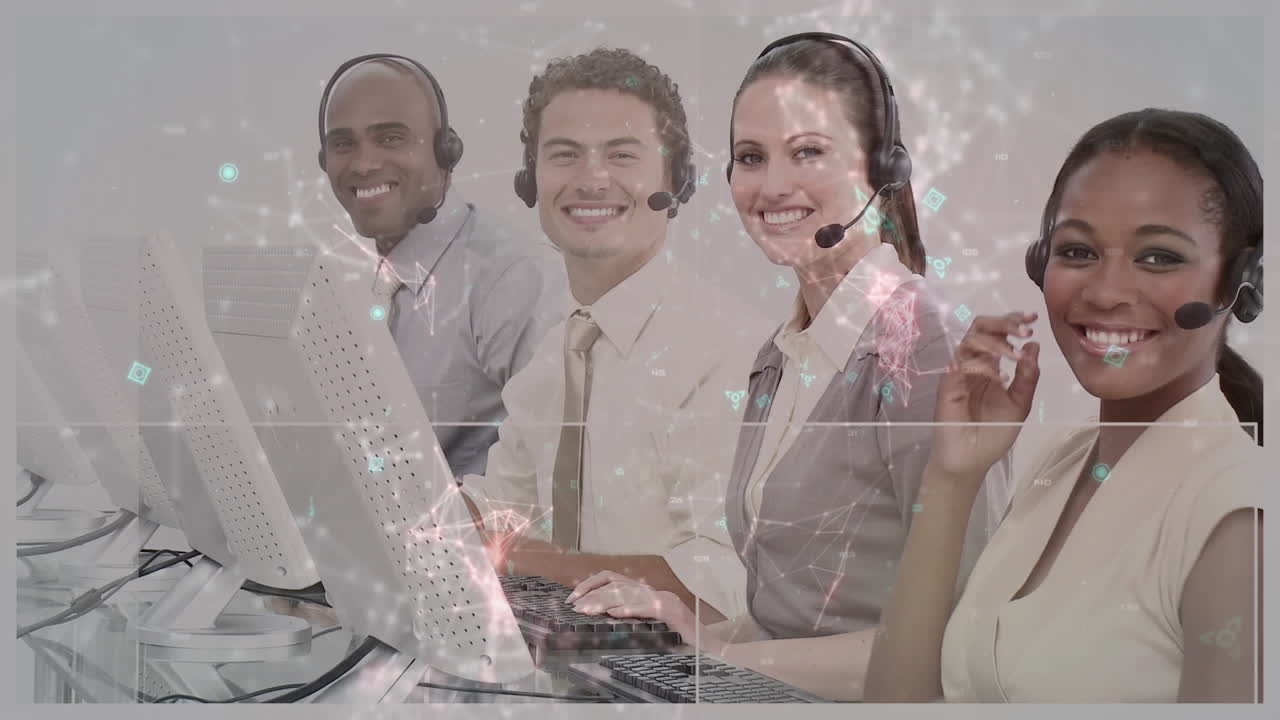 Animation of business people using phone headsets over qr code and connections