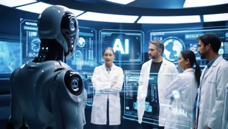 scientists engage with advanced ai: exploring innovations in technology and robotics in a futuristic laboratory setting