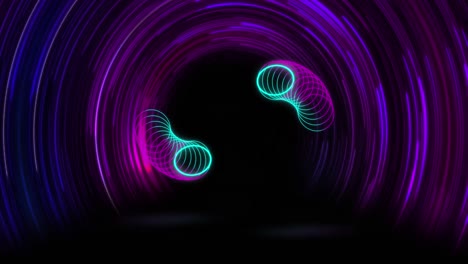 Animation-of-neon-circles-and-spiral-on-black-background