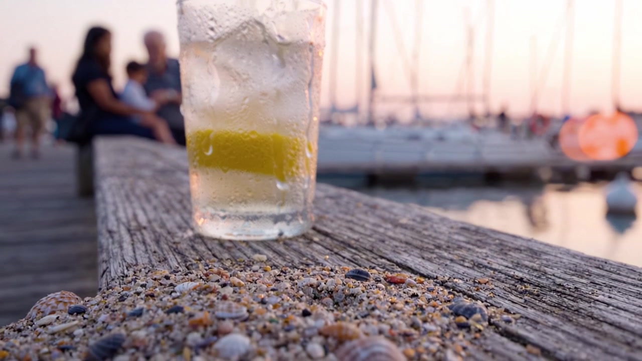 A Refreshing Drink with Lemon on a Weathered Dock Amidst a Serene Marina at Sunset, Capturing Moments of Relaxation and Leisure by the Water