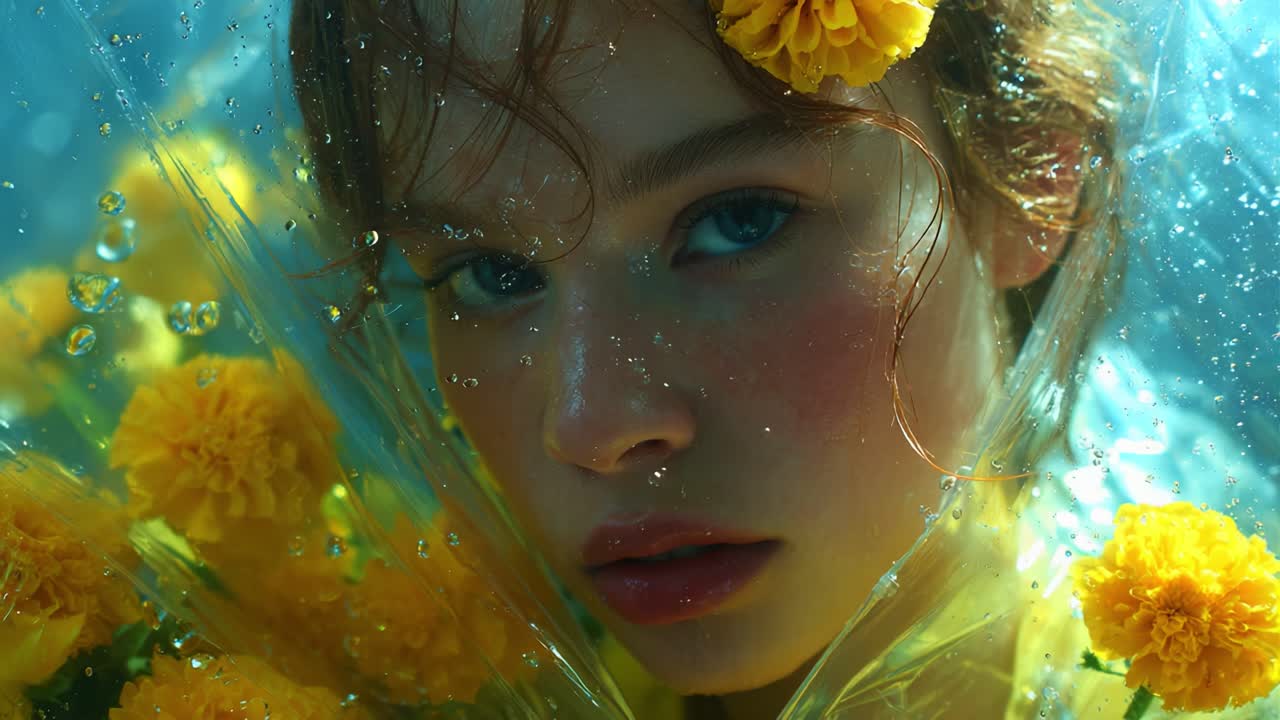 Un affascinante ritratto subacqueo di una giovane donna circondata da vivaci fiori gialli, illuminata da una luce soffusa, che cattura una bellezza serena ed eterea in un incantevole ambiente acquatico