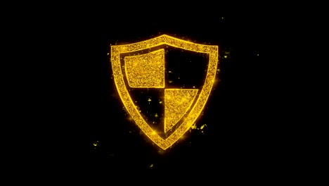 shield icon sparks particles on black background.