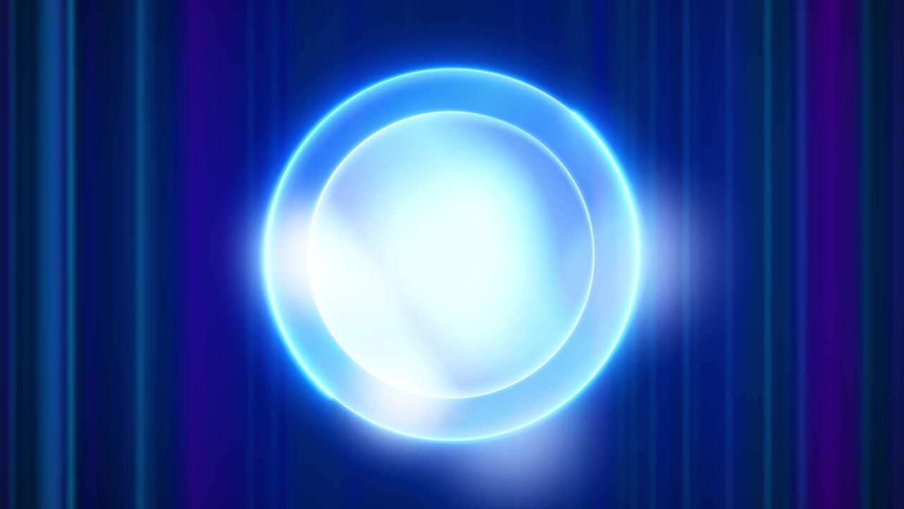 A luminous blue orb glows at center against vertical cyan purple light bands forming a sleek