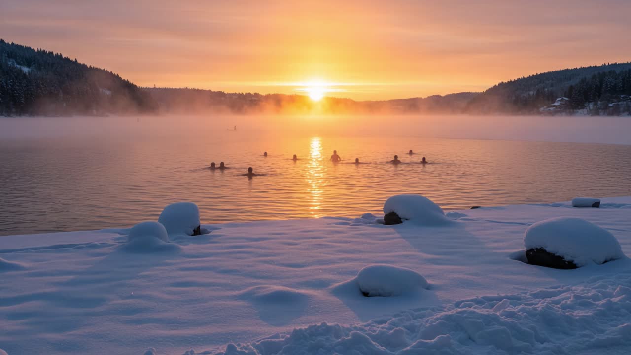 A Serene Winter Sunrise Over a Frozen Lake: Swimmers Enjoy the Ethereal Beauty of Nature in the Calm Misty Morning Light