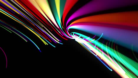 abstract looped background in 4k with multicolor light streaks, light and bokeh effects. neon lines made of particles fly and form curve structure or twisted pattern. spiral