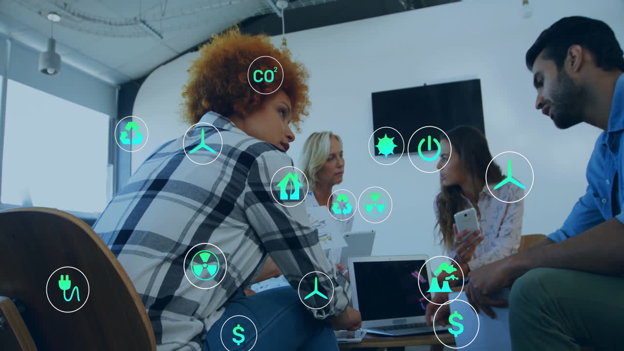 Animation of eco icons and data processing over diverse business people in office