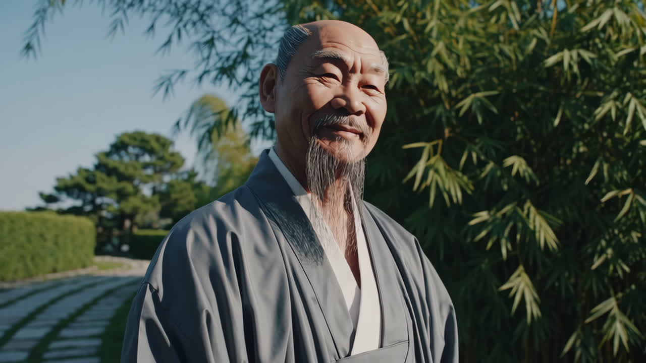 Smiling Senior Man in Traditional Attire in a Garden