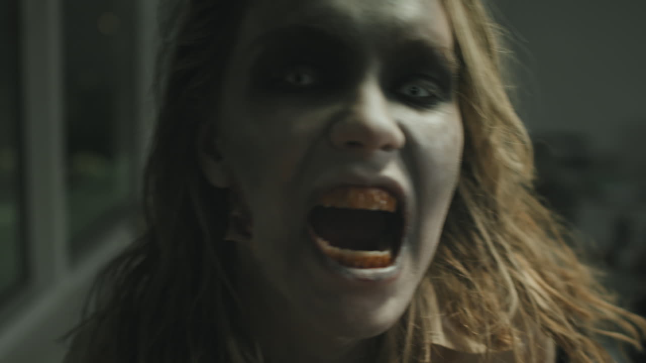 Angry Zombie Woman Walking Towards Camera