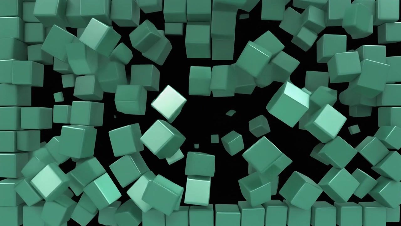 Abstrakt animation af grønne kuber, der opløses i sort rum