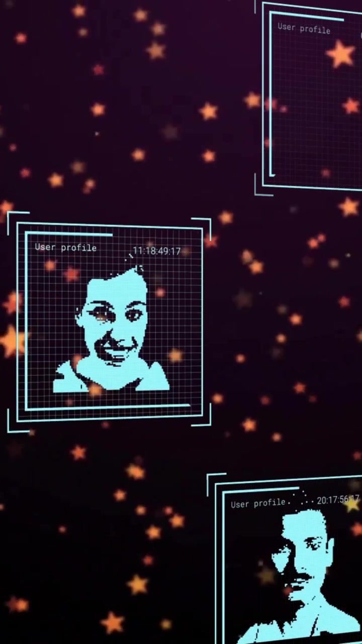 Animation of icons with connections and data processing over dark background