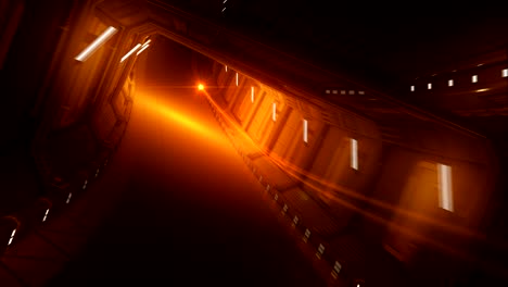 orange glowing stroke flying in the abstract spaceship tunnel. beautiful looped 3d animation motion in futuristic metal tunnel. futuristic technology concept.