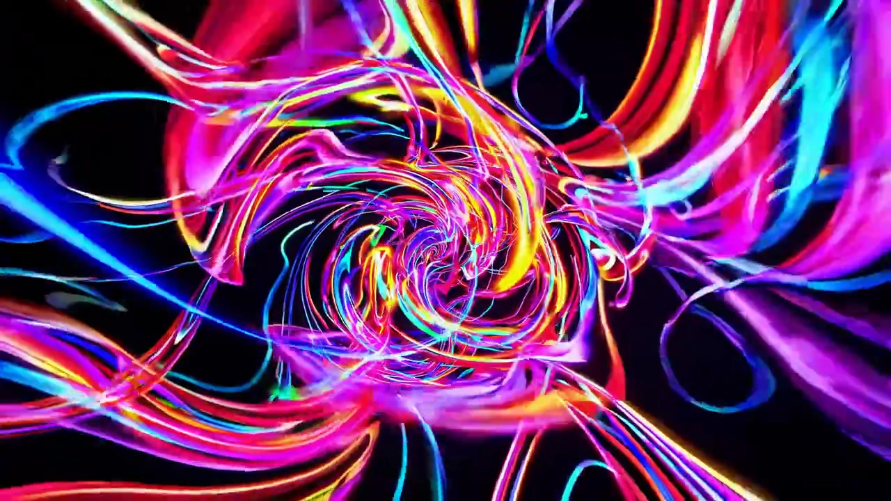 Linee astratte colorate e luminose che vorticano su sfondo nero.