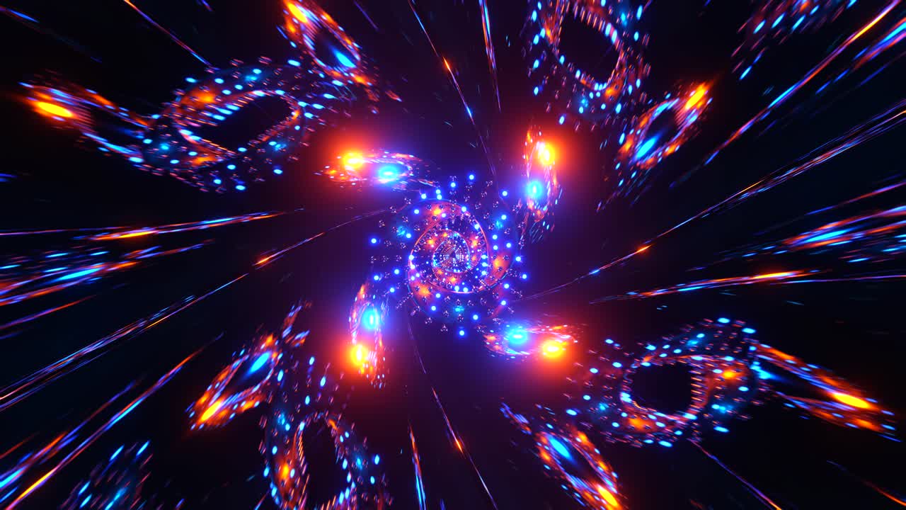 Flying in a mirror tunnel through curved toruses. Infinitely looped animation