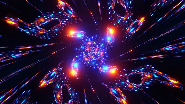 Voando em um túnel de espelhos através de toros curvos. Animação em loop infinito.