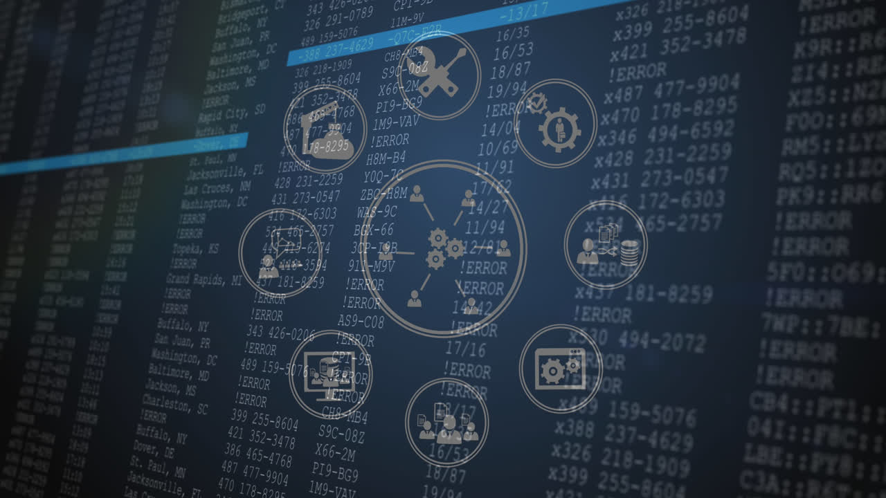 Animation of digital icons spinning over data processing against blue background