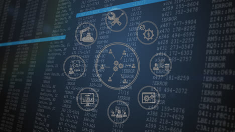 animation of digital icons spinning over data processing against blue background