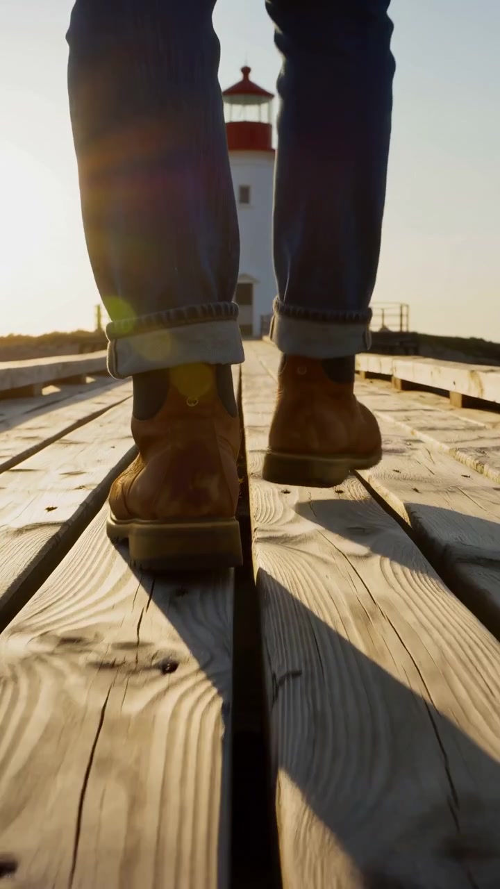 Low viewpoint follows moving feet along wooden planks as sunlight creates strong shadows and highlights surface grain, with distant horizon elements visible in bright outdoor setting.