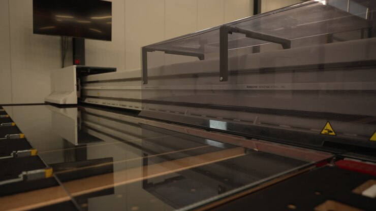 Automated laminated glass cutting machine operating on modern office showcase display
