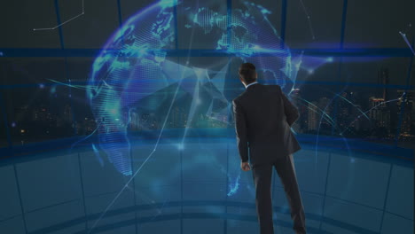 businessman looking at a spinning earth globe surrounded by data connections