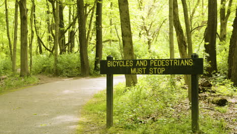 un cartello nella foresta che dice che le biciclette e i pedoni devono fermarsi ampiamente