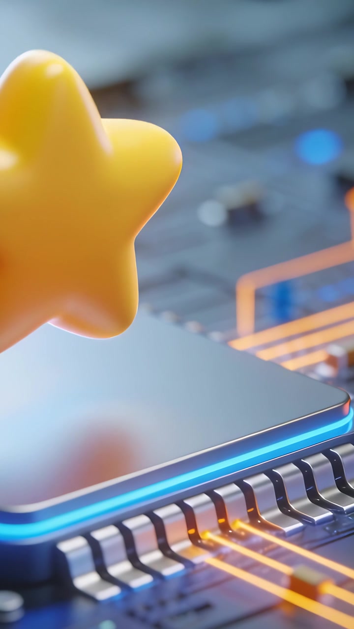 Vertical video: Entering yellow star rotating above chip causing orange traces pulsing, copy space